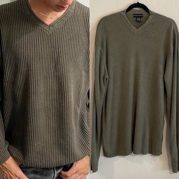 Baracuta Men's Rib Knit Sweater XXLT Green Silk Cotton Blend V-Neck Quiet Luxury - Picture 1 of 12